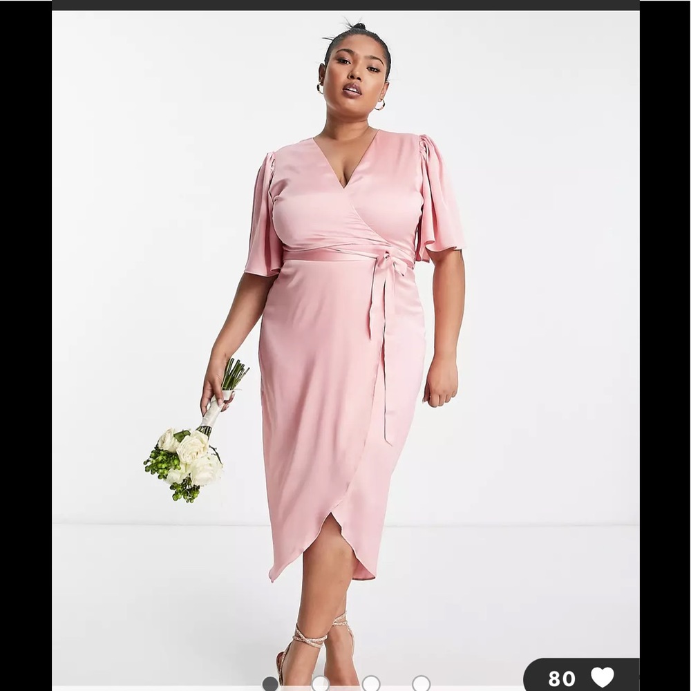 Liquorish Plus Bridesmaid satin wrap front midaxi dress in soft rose pink